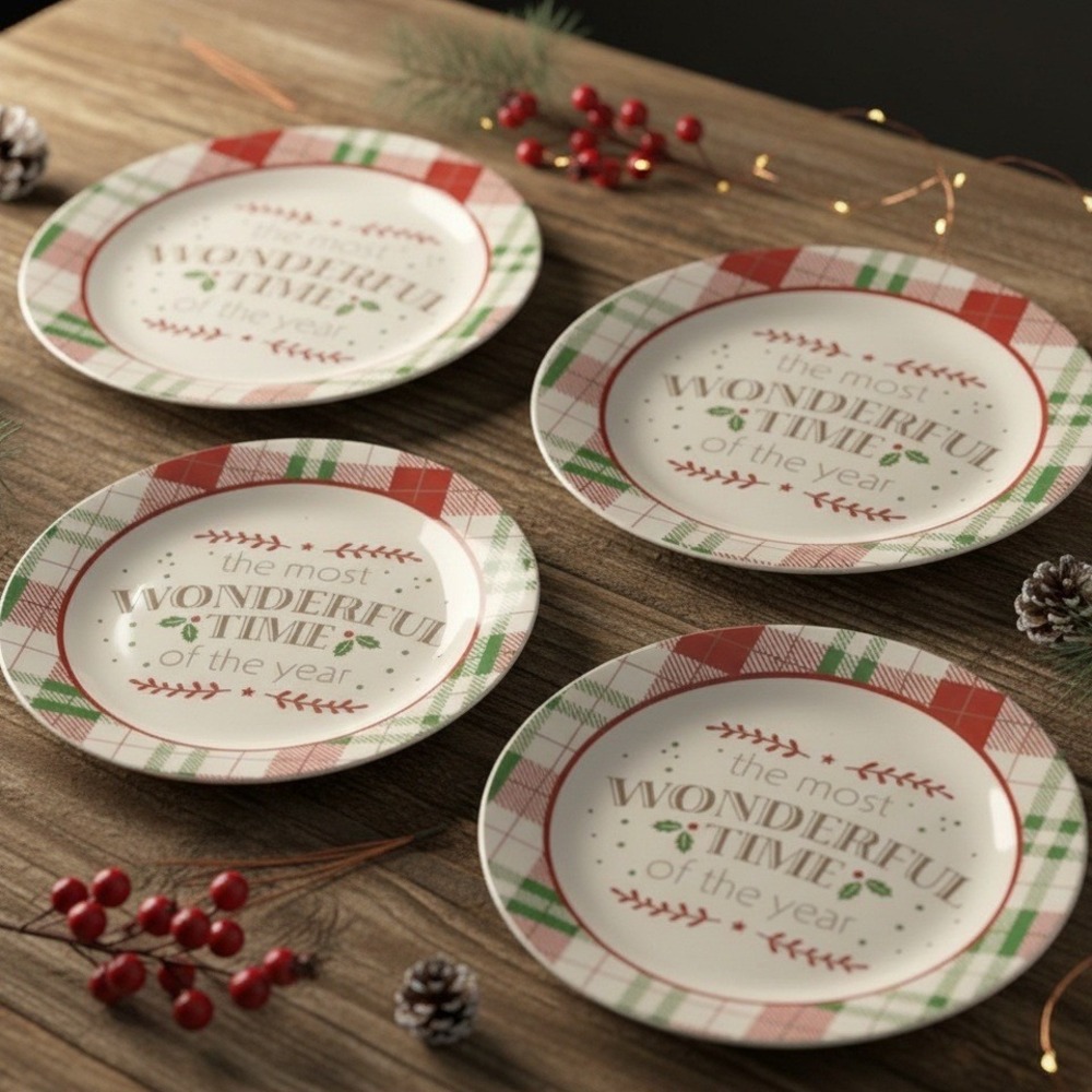 Royal Norfolk Plaid Christmas Salad Plates, Set of 4, Holiday Ceramic Dinnerware